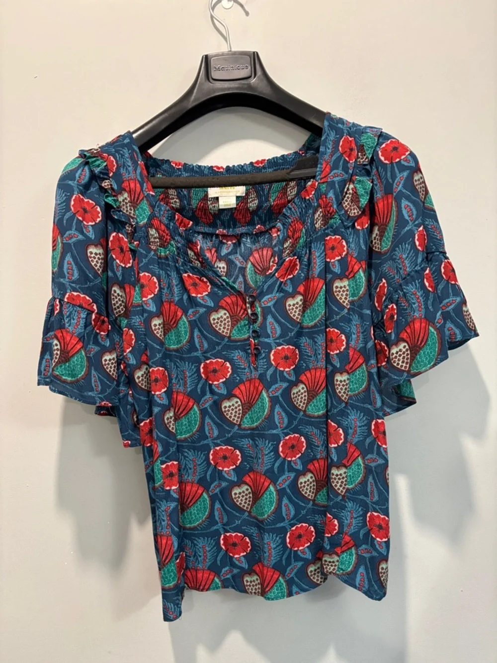 Anthro Maeve Letitia Smocked Floral Blouse Blue Ruffle Top Size Small - Picture 5 of 15
